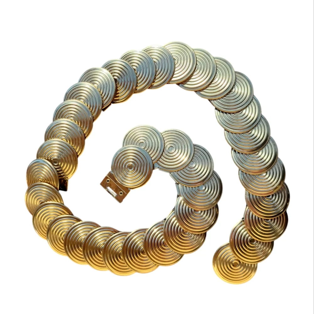Vintage Gold Tone Disc Stretch Belt | Mod Disco Glam Statement Waist Belt - Picture 6 of 12